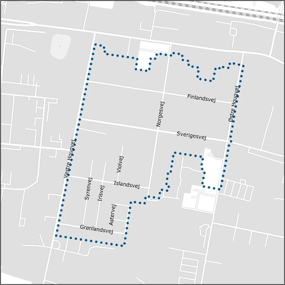 Afgrænsning af det nu aflyste forslag til lokalplan 222.  Afgrænsningen er vist med blå priksignatur